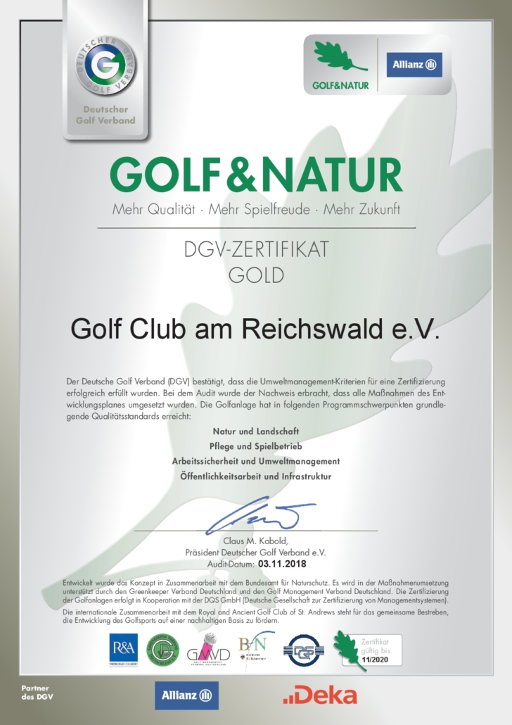 GOLF CLUB AM REICHSWALD E. V. ERHÄLT DAS GOLDZERTIFIKAT DES